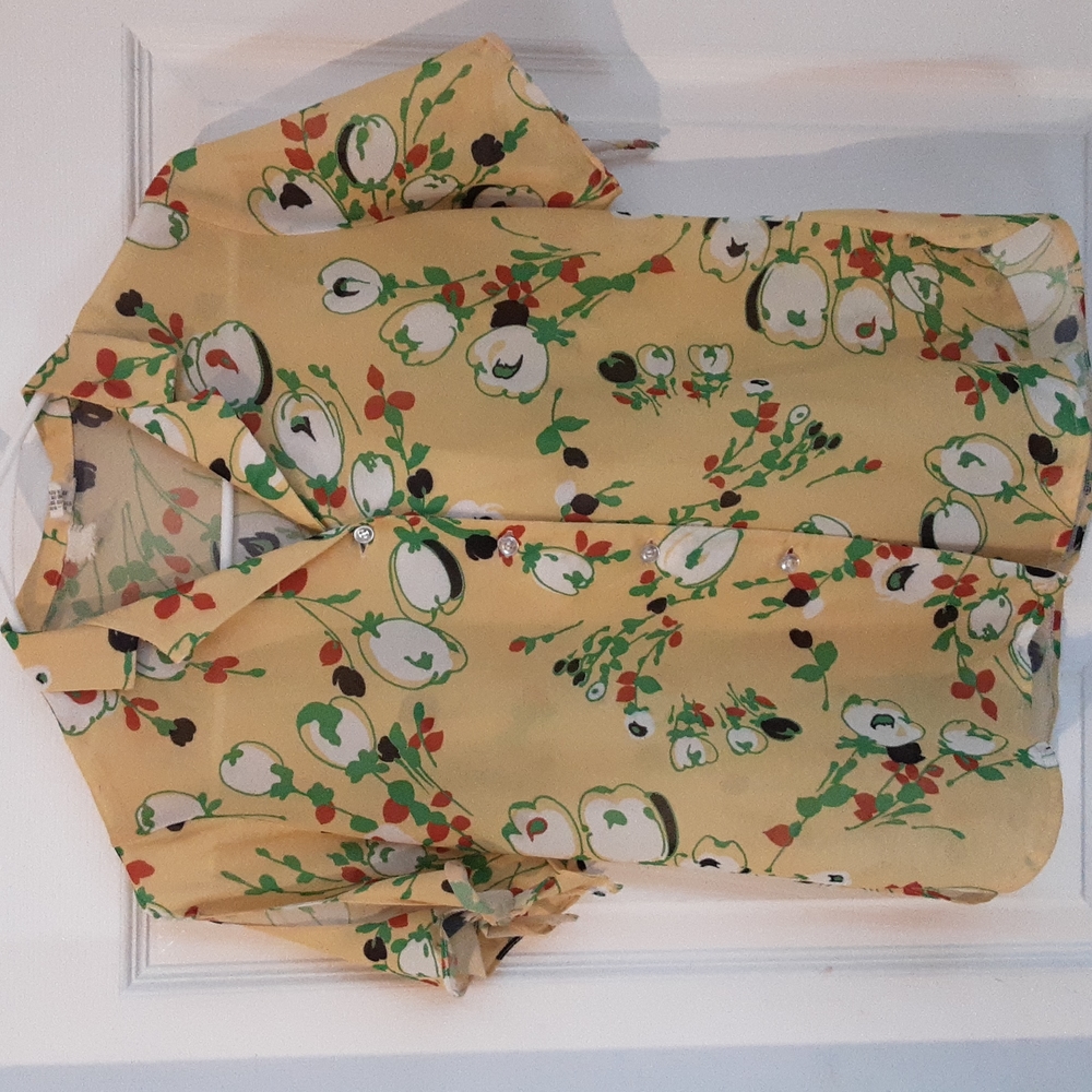 Vintage Blouse Top Beautiful Yellow Tie-Sleeve Button Up Floral Artsy Medium